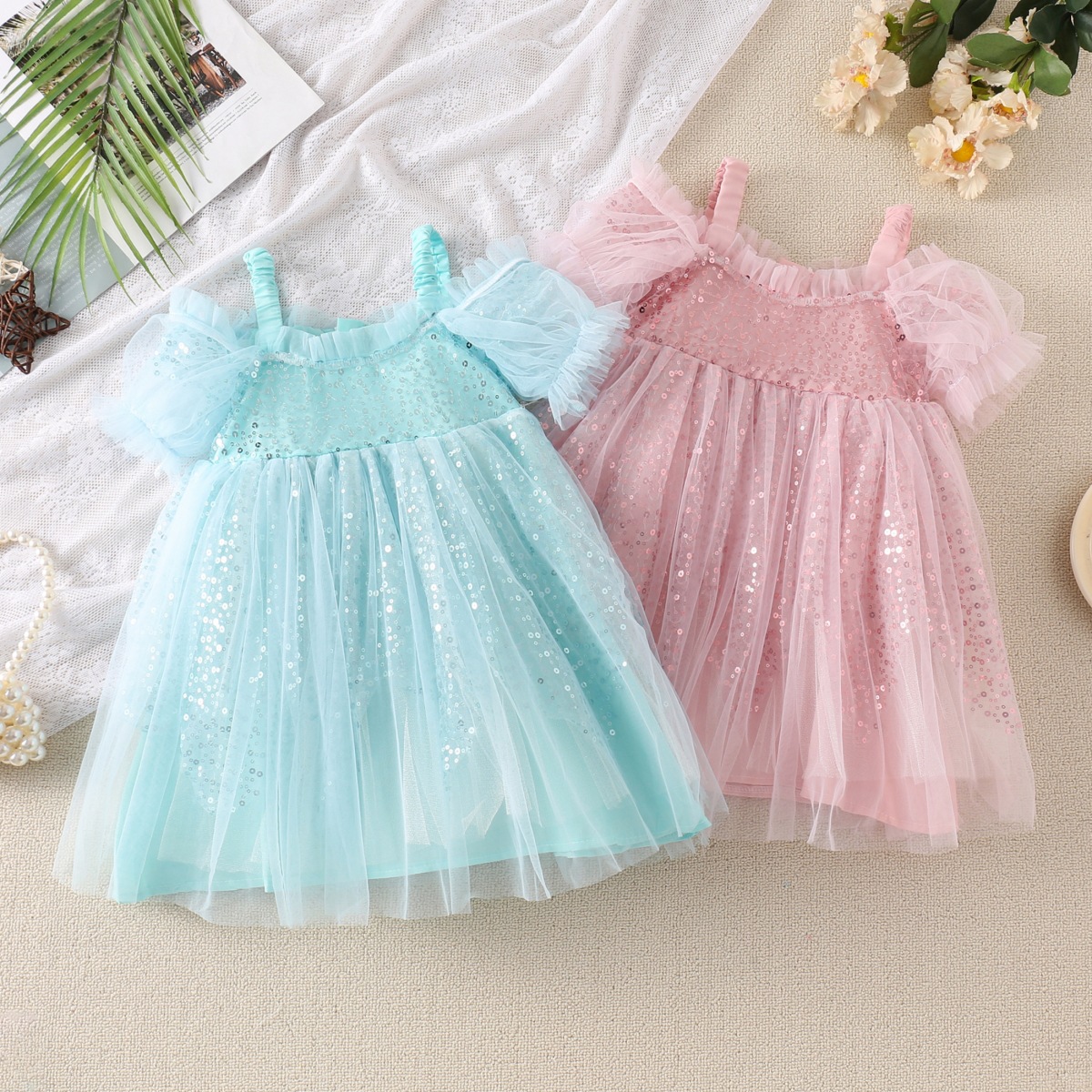 Princess Mesh Grid Sequins Popover Hollow Out Chiffon Girls Dresses display picture 4