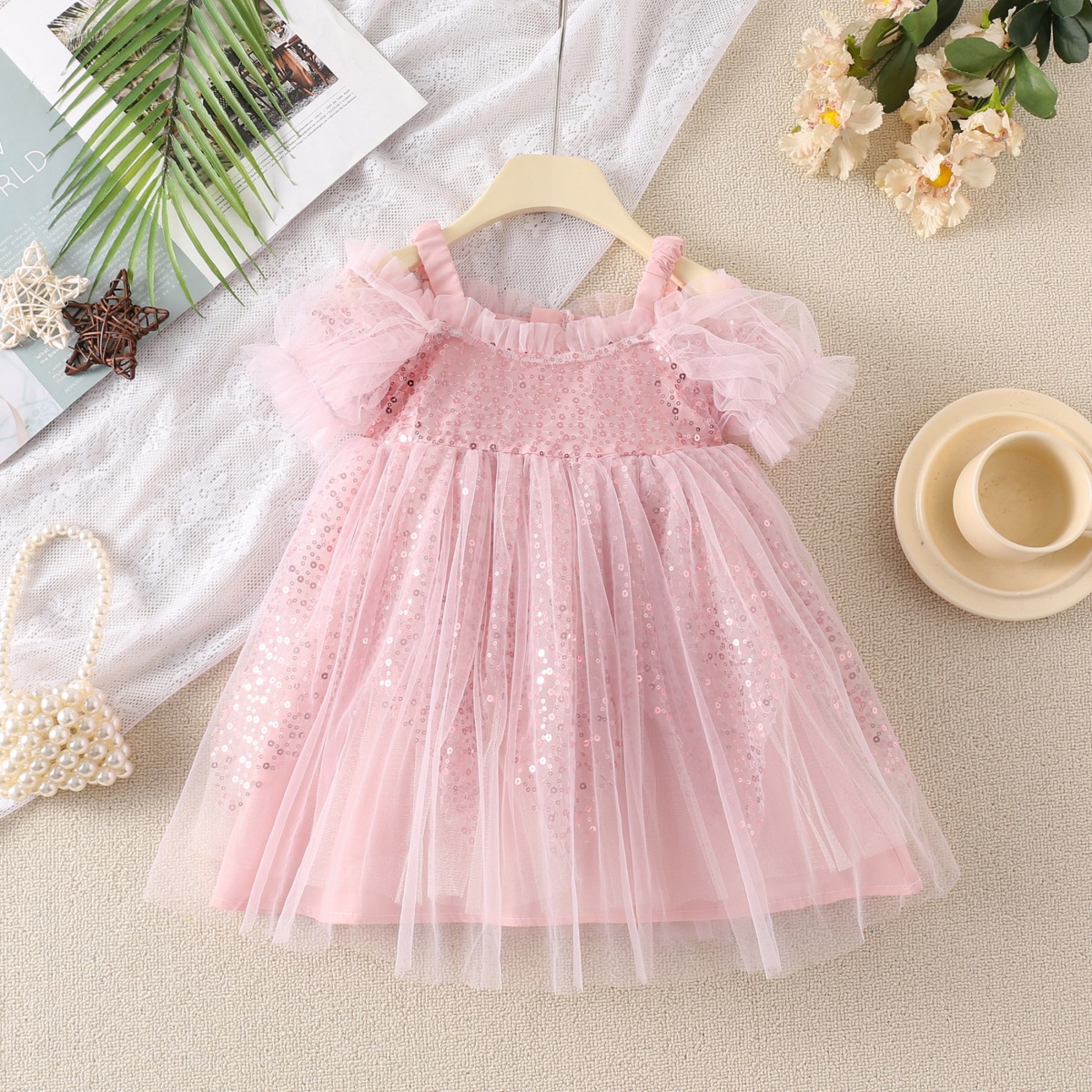 Princess Mesh Grid Sequins Popover Hollow Out Chiffon Girls Dresses display picture 5