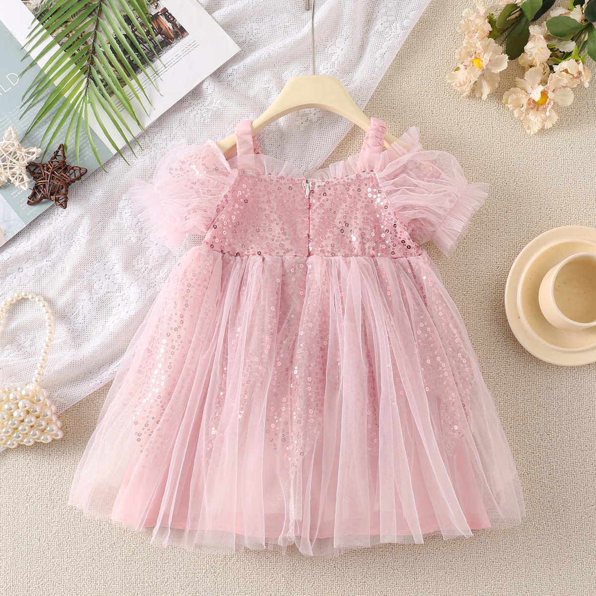 Princess Mesh Grid Sequins Popover Hollow Out Chiffon Girls Dresses display picture 11