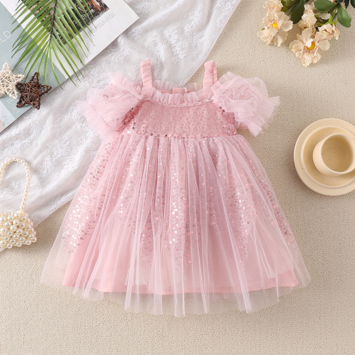 Princess Mesh Grid Sequins Popover Hollow Out Chiffon Girls Dresses display picture 12
