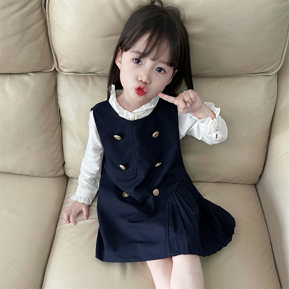 Preppy Style Simple Double Button Cotton Blend Girls Clothing Sets display picture 2