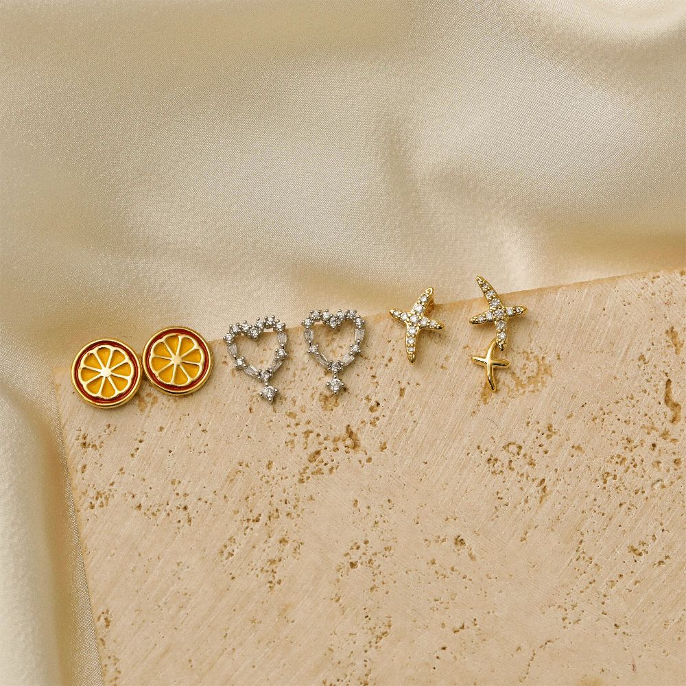 1 Paar IG-Stil Süß Stern Herzform Bogenknoten Kupfer 18 Karat Vergoldet Ohrringe Ohrstecker display picture 1