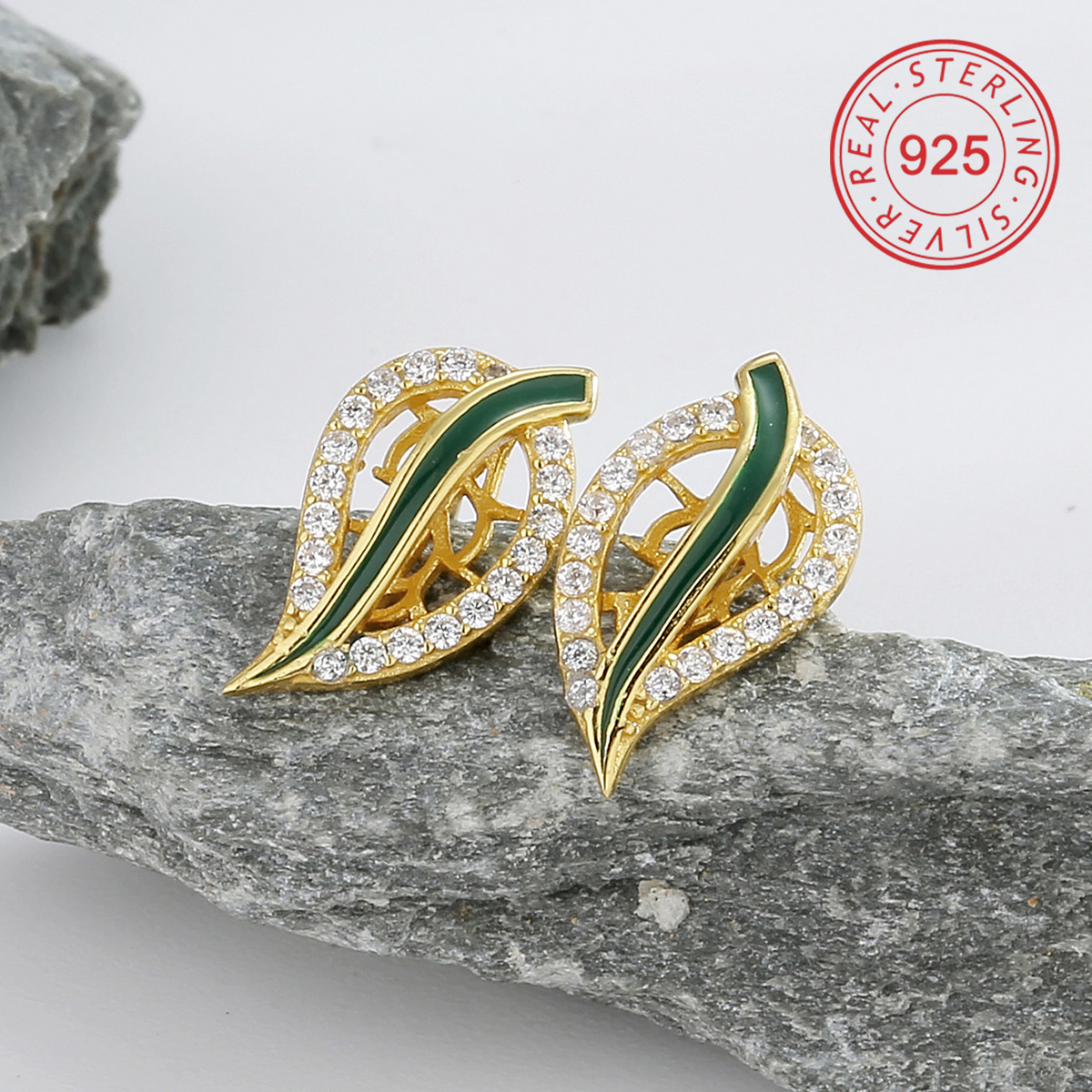 Casual Simple Style Leaves Sterling Silver Enamel Inlay Zircon 18K Gold Plated Women's Rings Earrings Necklace display picture 2