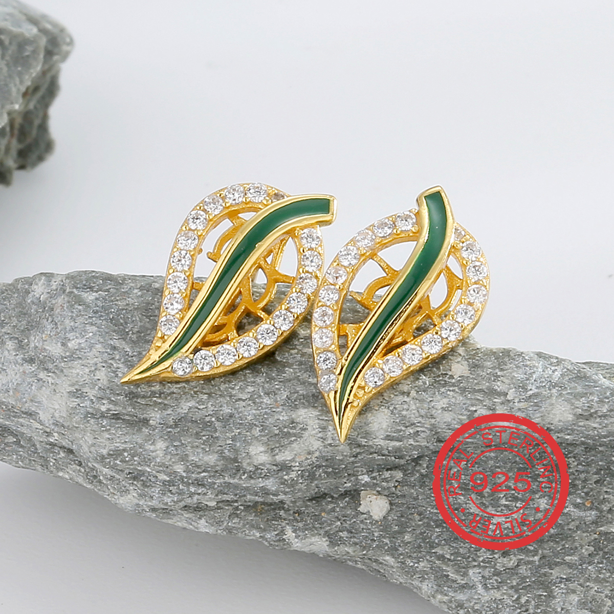 Casual Simple Style Leaves Sterling Silver Enamel Inlay Zircon 18K Gold Plated Women's Rings Earrings Necklace display picture 1