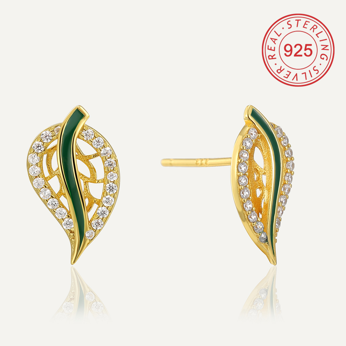 Casual Simple Style Leaves Sterling Silver Enamel Inlay Zircon 18K Gold Plated Women's Rings Earrings Necklace display picture 3
