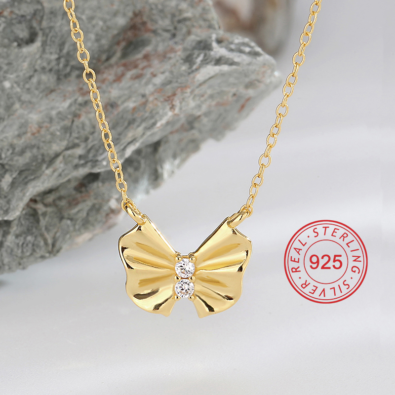 Sterling Silver 18K Gold Plated Sweet Simple Style Hollow Out Inlay Oval Bow Knot Zircon Necklace display picture 11
