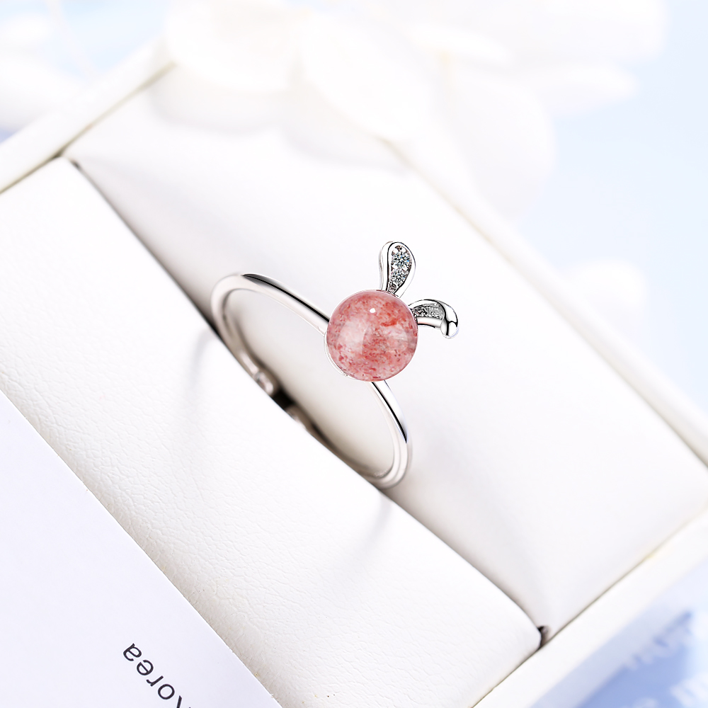 Wholesale Sweet Rabbit Copper Inlay White Gold Plated Strawberry Quartz Open Rings display picture 6