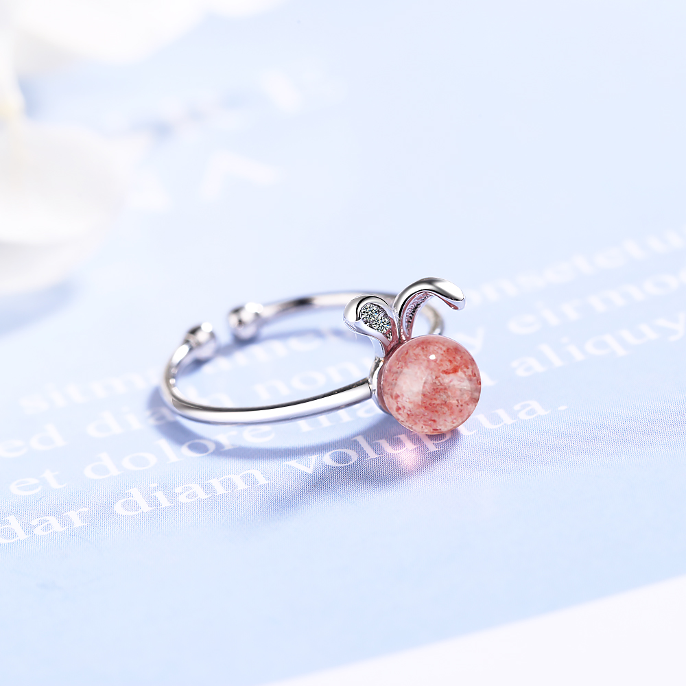 Wholesale Sweet Rabbit Copper Inlay White Gold Plated Strawberry Quartz Open Rings display picture 11