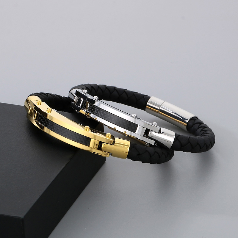 Business Formal Geometric 304 Stainless Steel Leather Braid 18K Gold Plated Men's Bangle display picture 10