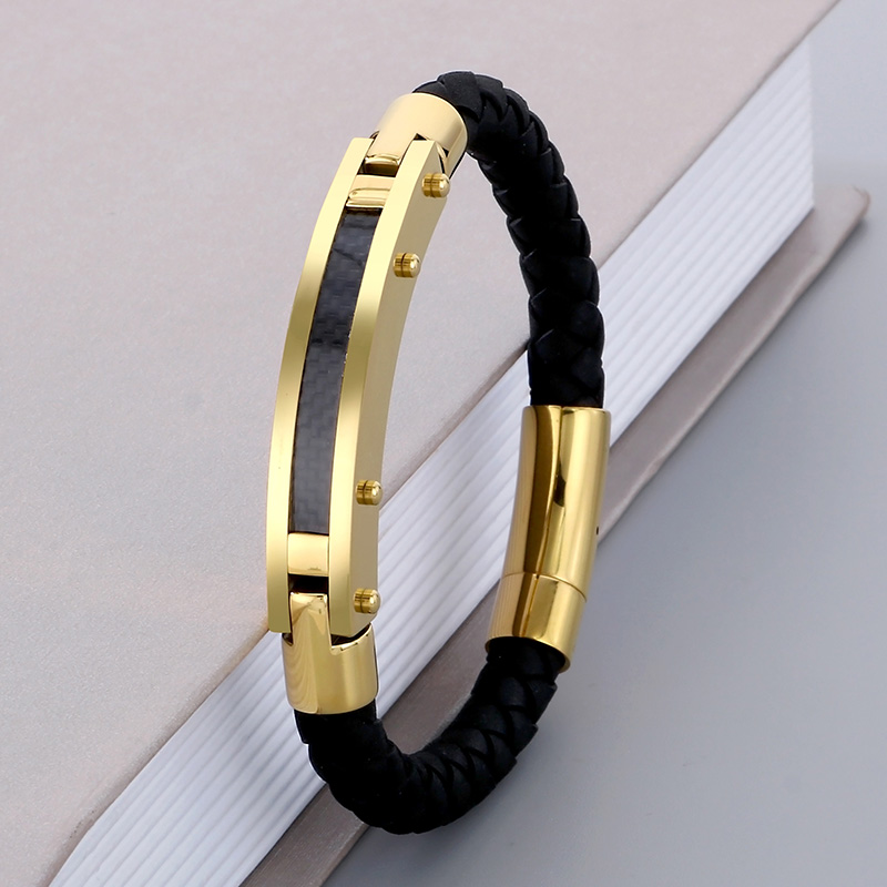 Business Formal Geometric 304 Stainless Steel Leather Braid 18K Gold Plated Men's Bangle display picture 9
