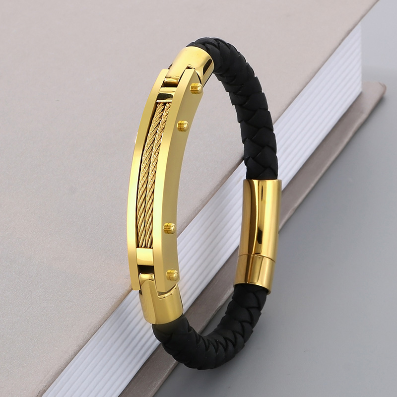 Business Formal Geometric 304 Stainless Steel Leather 18K Gold Plated Men's Bangle display picture 9