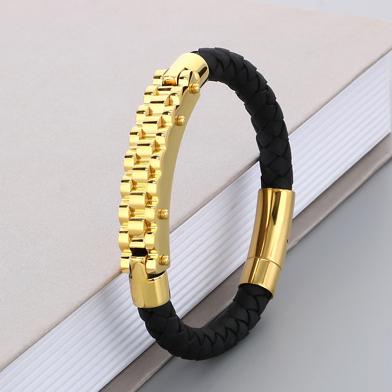 Business Formal Geometric 304 Stainless Steel Leather Braid 18K Gold Plated Men's Bangle display picture 10