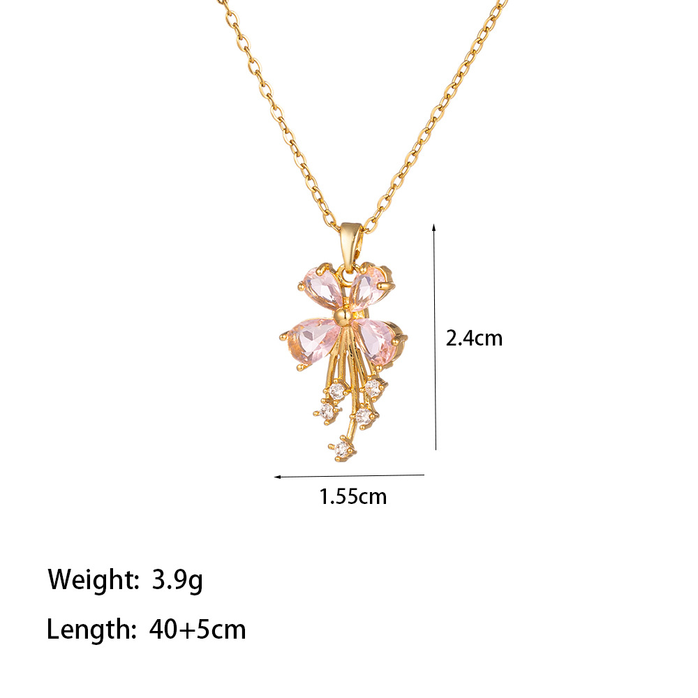 304 Stainless Steel 18K Gold Plated Casual Simple Style Commute Inlay Heart Shape Flower Butterfly Artificial Rhinestones Pendant Necklace display picture 3