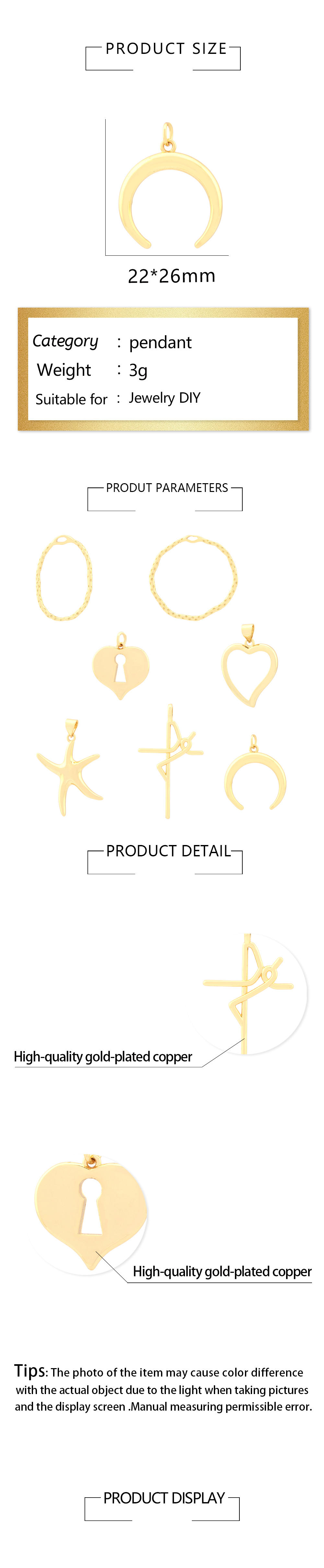 1 Piece 20 * 29mm 22*26mm 22*32mm Hole 1~1.9mm Hole 2~2.9mm Hole 3~3.9mm Copper 18K Gold Plated Cross Starfish Heart Shape Polished Pendant display picture 1