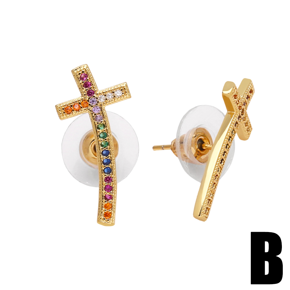 1 Pair Casual Simple Style Cross Water Droplets Heart Shape Inlay Copper Pearl Zircon 18K Gold Plated Ear Studs display picture 5