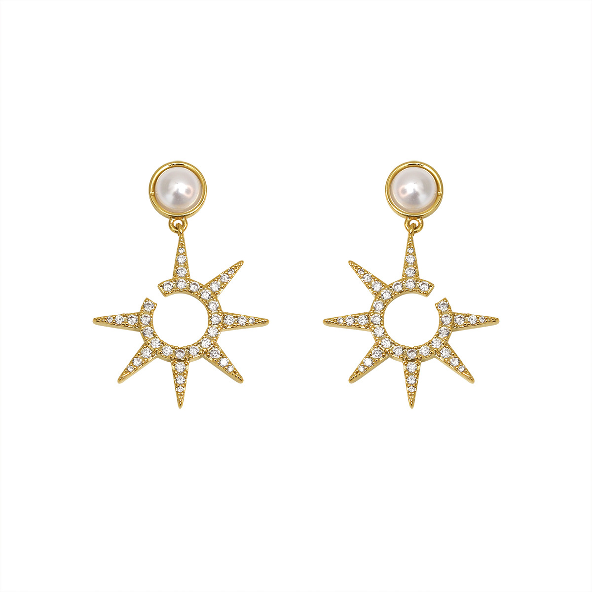 1 Pair Sweet Artistic Eight Awn Star Inlay Copper Pearl Zircon 18K Gold Plated Drop Earrings display picture 5