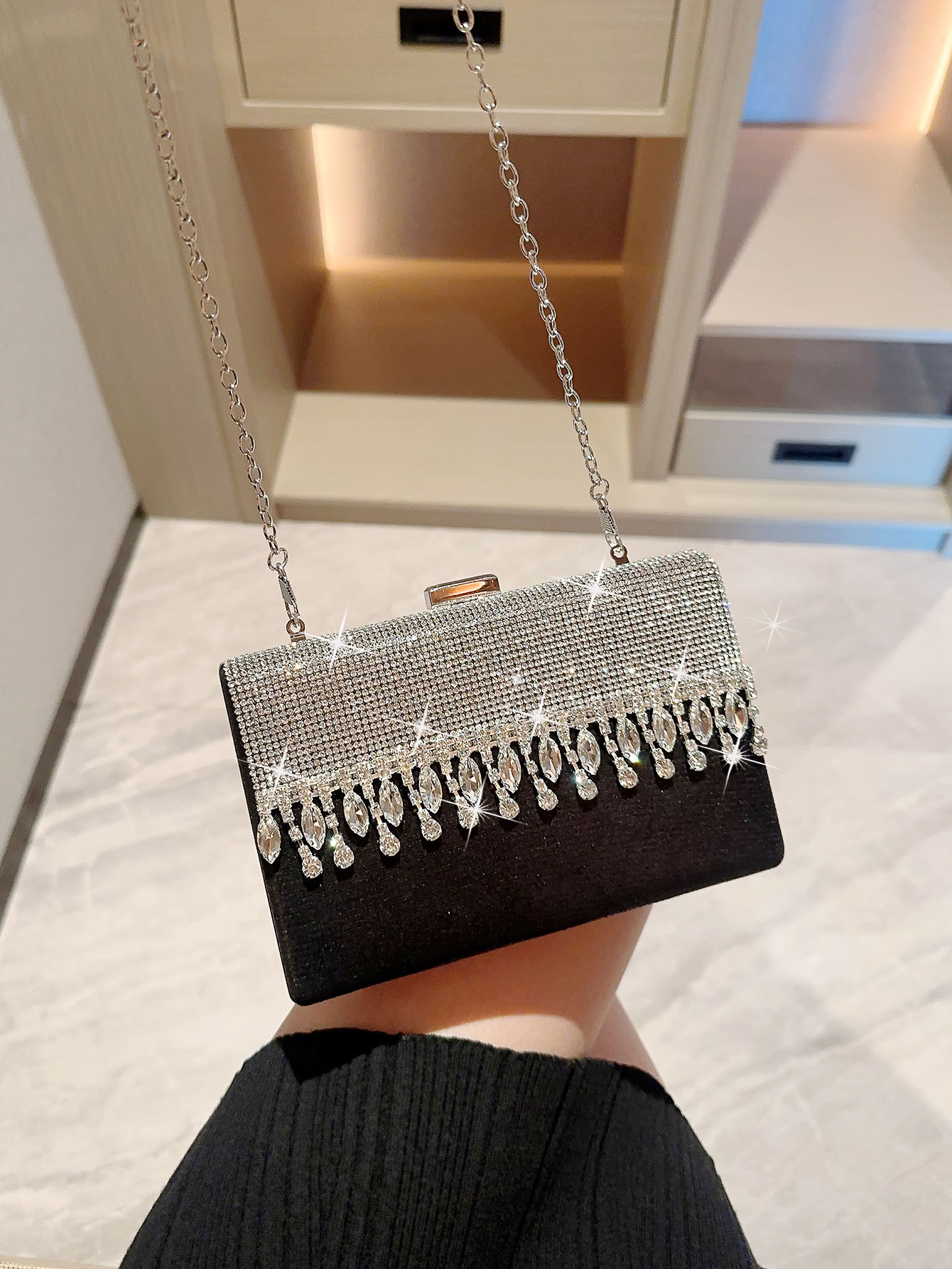 Black Polyester Color Block Rhinestone Square Evening Bags display picture 2