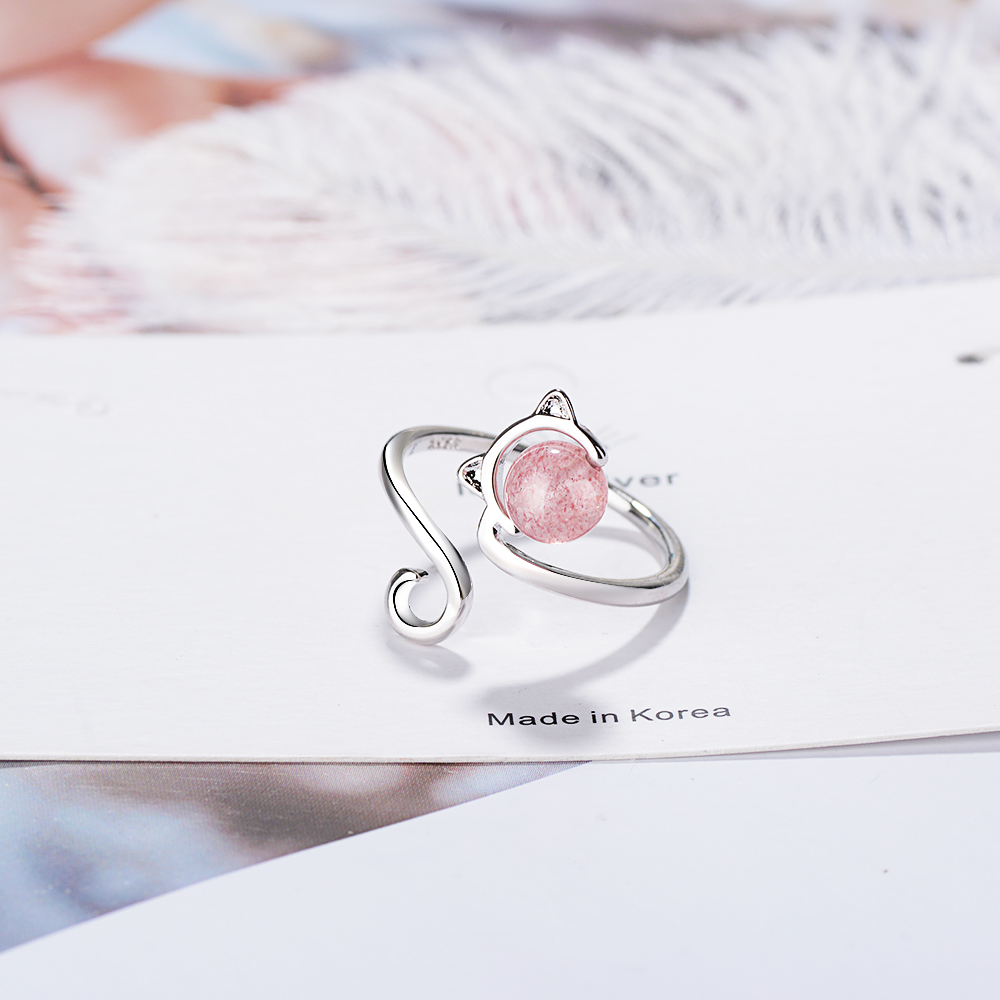Wholesale Cute Cat Copper Inlay White Gold Plated Strawberry Quartz Open Rings display picture 3