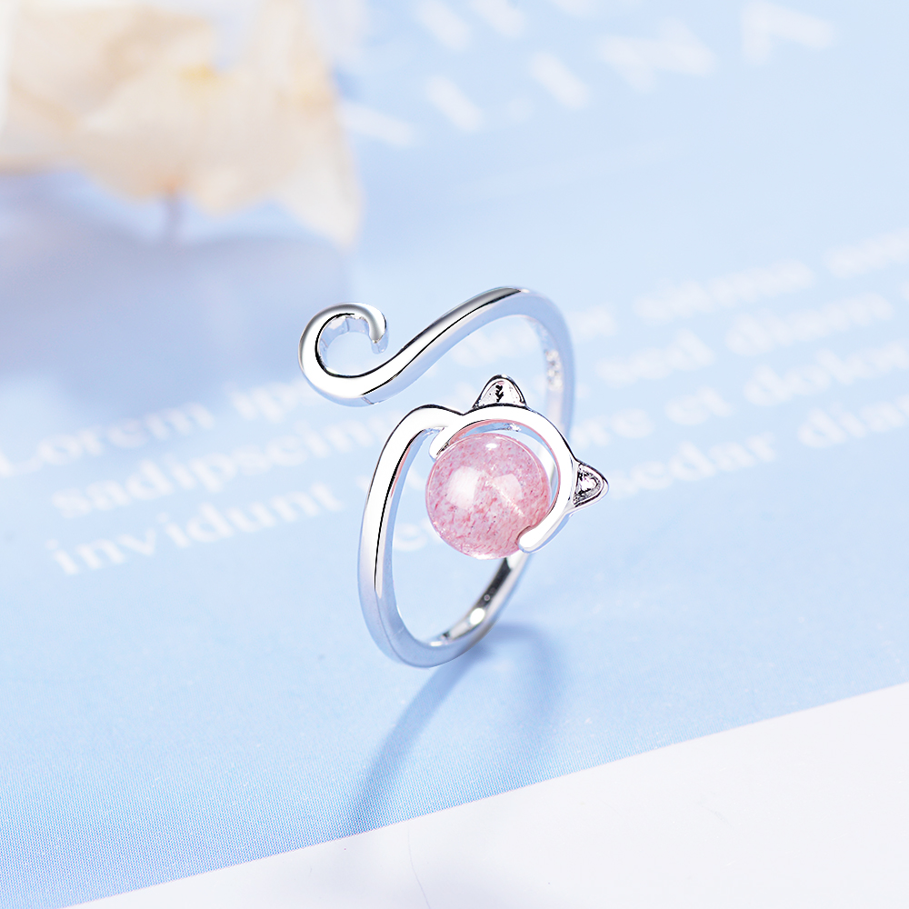 Wholesale Cute Cat Copper Inlay White Gold Plated Strawberry Quartz Open Rings display picture 7