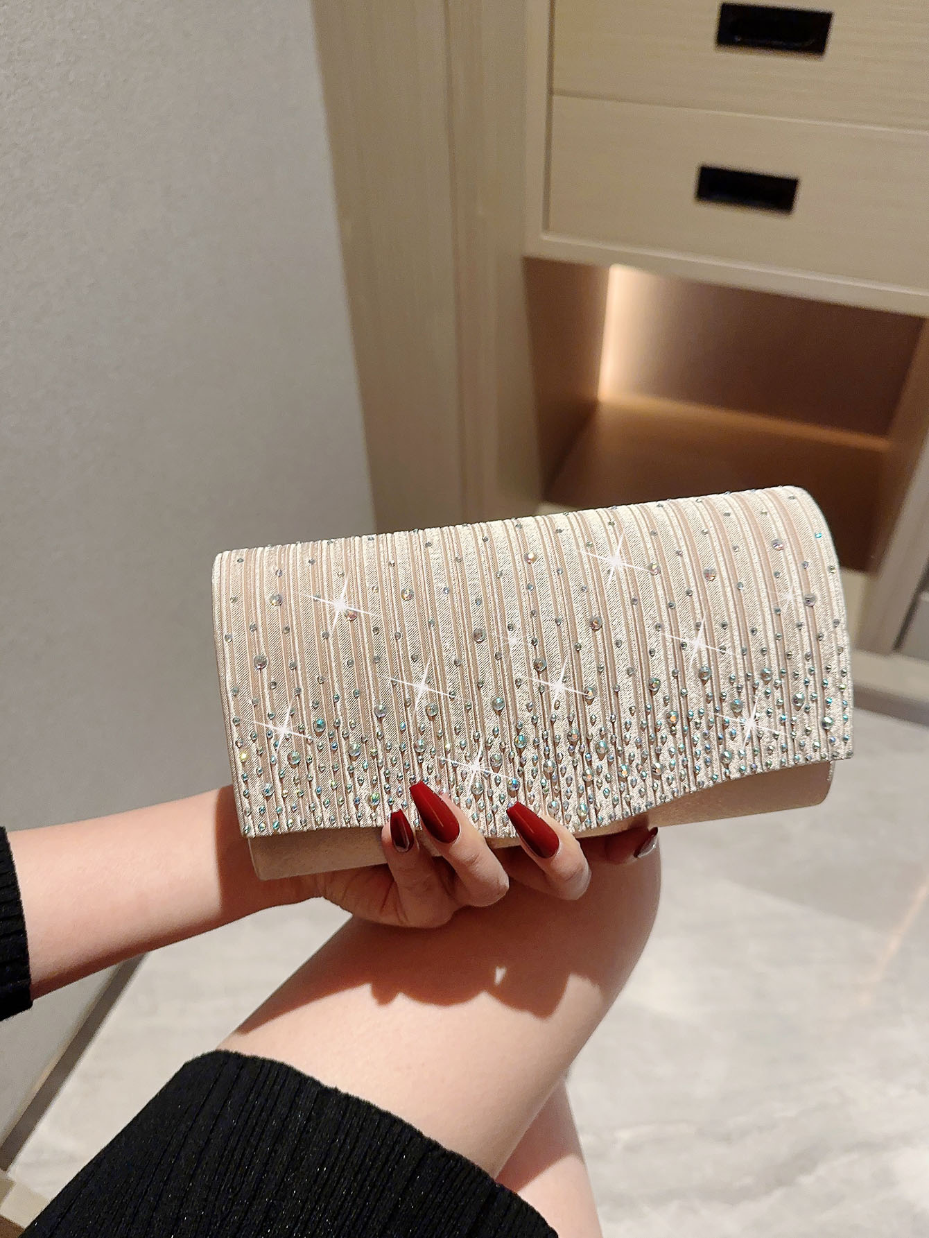 Apricot Polyester Solid Color Rhinestone Evening Bags display picture 2