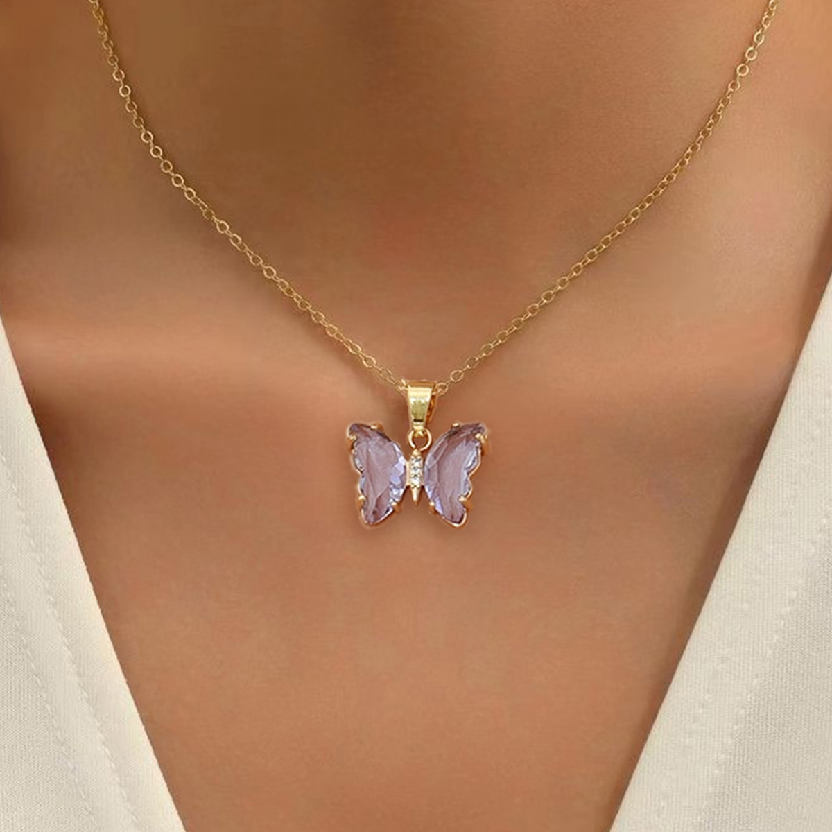 Kupfer IG-Stil Elegant Dame Inlay Wassertropfen Schmetterling Zirkon Halskette Mit Anhänger display picture 29