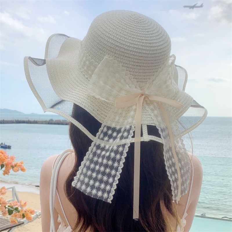 Women's Hawaiian Vacation Solid Color Lace Bowknot Big Eaves Sun Hat display picture 4