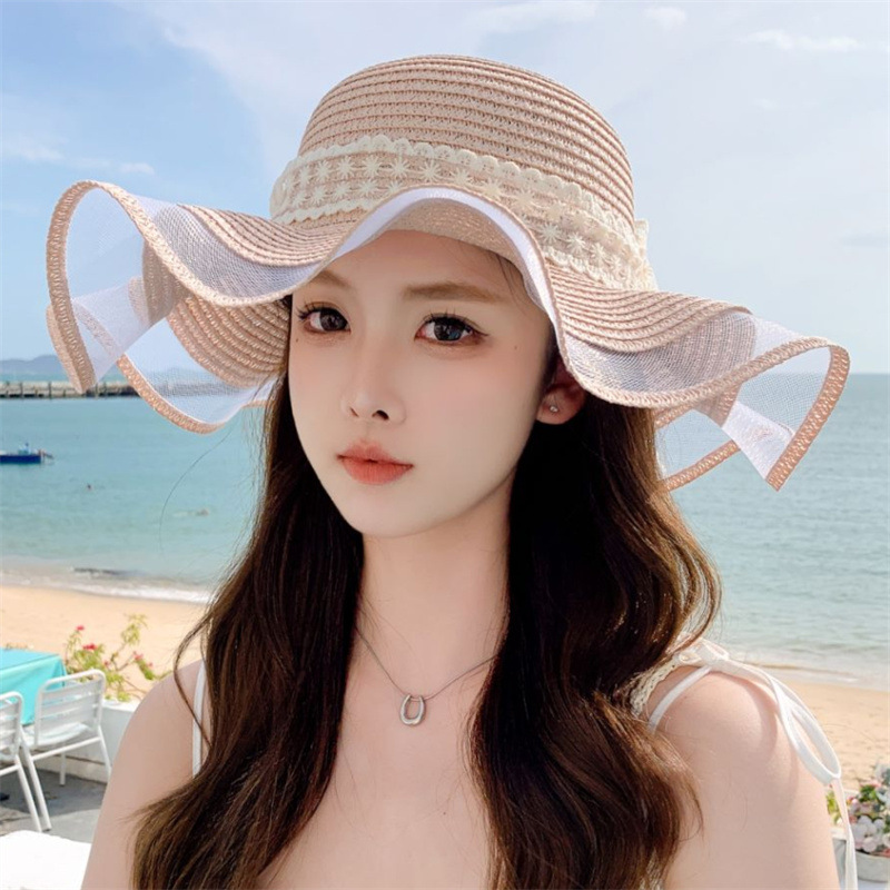Women's Hawaiian Vacation Solid Color Lace Bowknot Big Eaves Sun Hat display picture 3