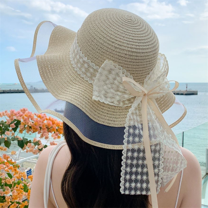 Women's Hawaiian Vacation Solid Color Lace Bowknot Big Eaves Sun Hat display picture 5