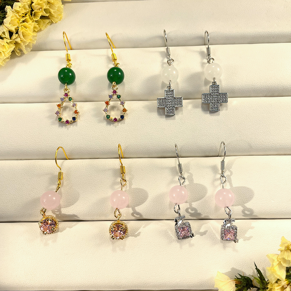1 Set IG Style Elegant Cross Water Droplets Beaded Inlay Copper Artificial Gemstones Zircon Silver Plated Drop Earrings display picture 6