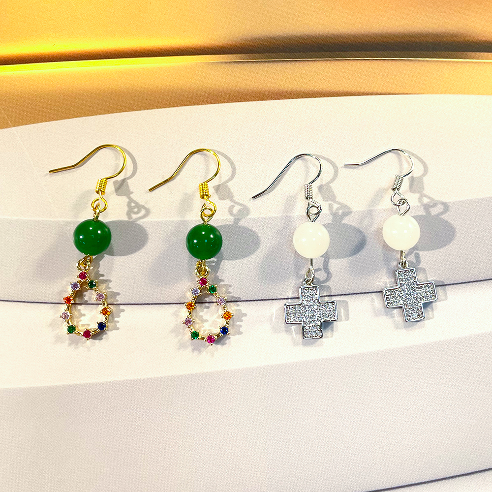 1 Set IG Style Elegant Cross Water Droplets Beaded Inlay Copper Artificial Gemstones Zircon Silver Plated Drop Earrings display picture 7