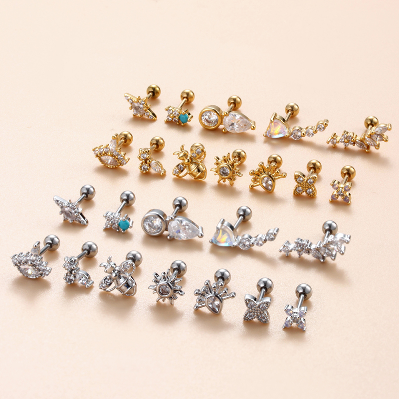 1 Piece Ear Cartilage Rings & Studs IG Style French Style Korean Style Water Droplets Flower Bee Copper Inlay Zircon display picture 28