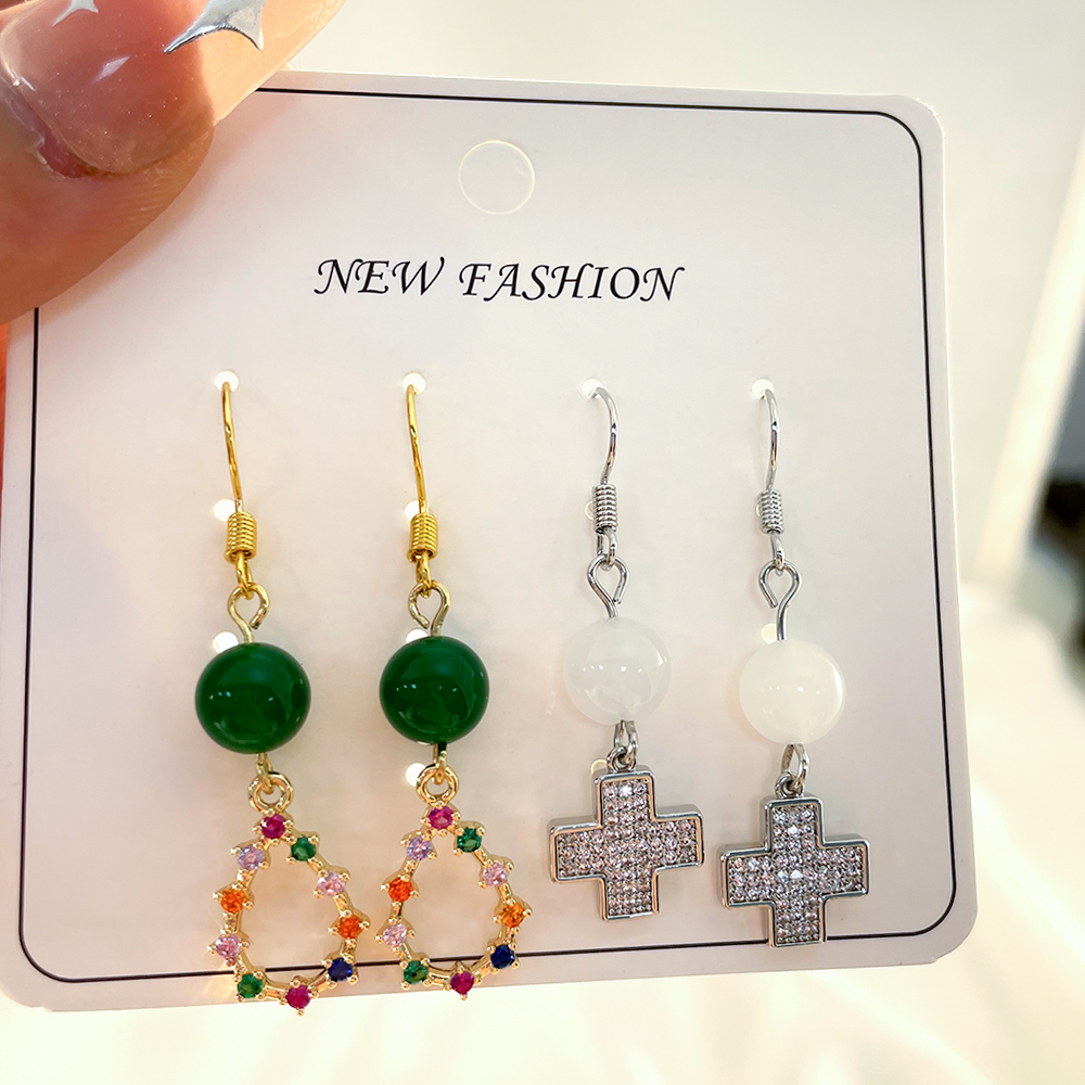 1 Set IG Style Elegant Cross Water Droplets Beaded Inlay Copper Artificial Gemstones Zircon Silver Plated Drop Earrings display picture 3