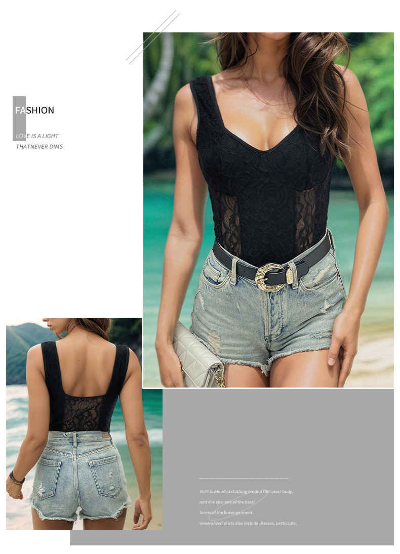 Women's Bodysuits Sleeveless Bodysuits Rib-Knit Lace Sexy Solid Color display picture 6