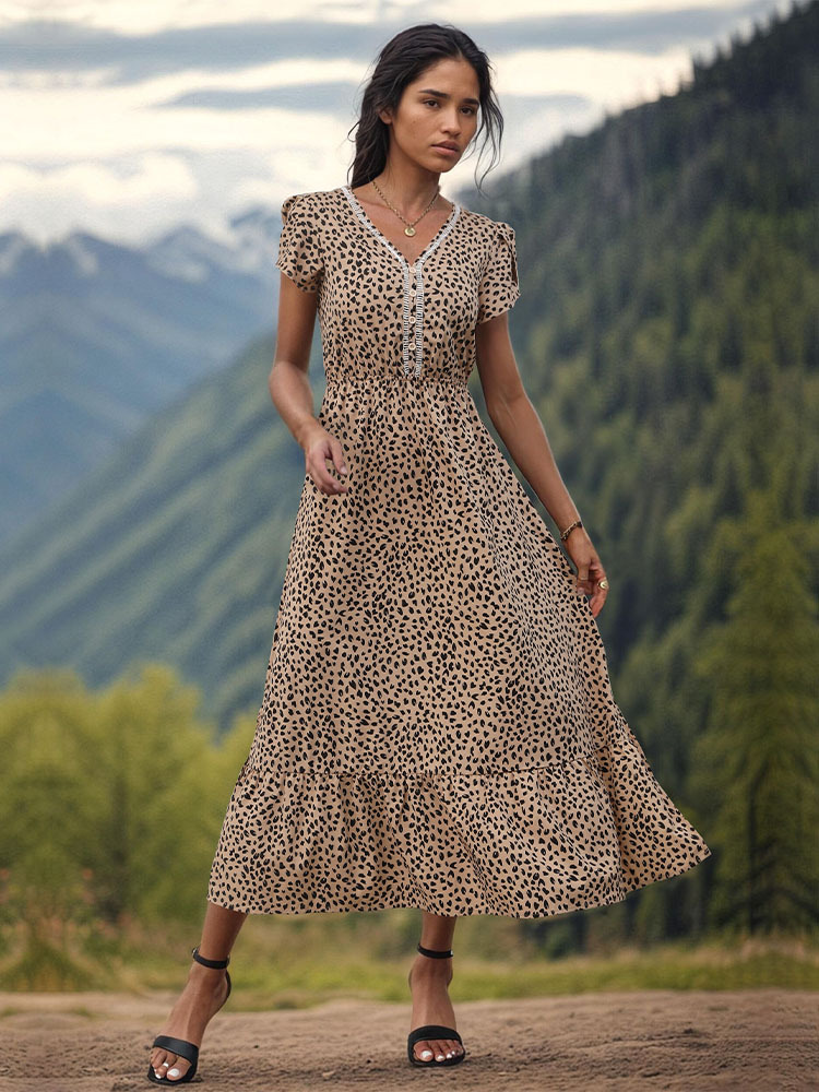 Frau Normales Kleid Elegant V-Ausschnitt Drucken Spitze Kurzarm Leopard Midi-Kleid Täglich Strand display picture 1