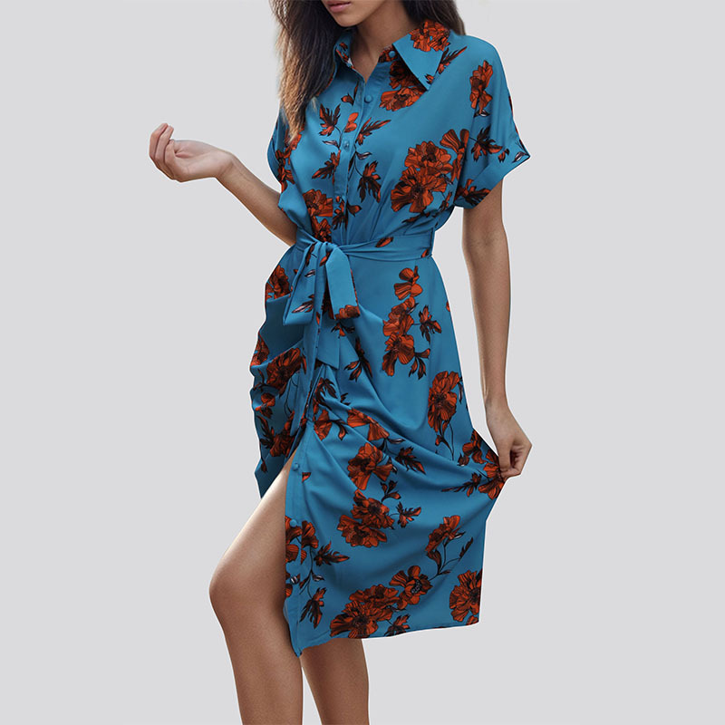 Women's Shirt Dress Vacation Lace-up Type Turndown Printing Short Sleeve Printing Midi Dress Holiday Daily display picture 3