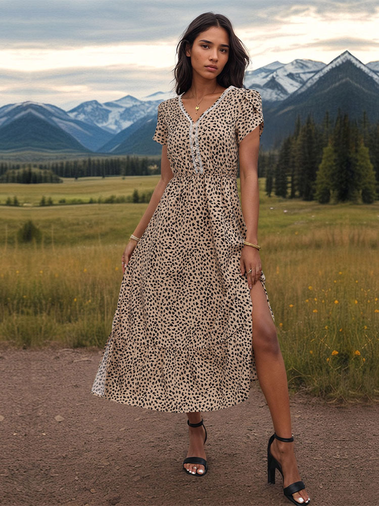 Frau Normales Kleid Elegant V-Ausschnitt Drucken Spitze Kurzarm Leopard Midi-Kleid Täglich Strand display picture 3