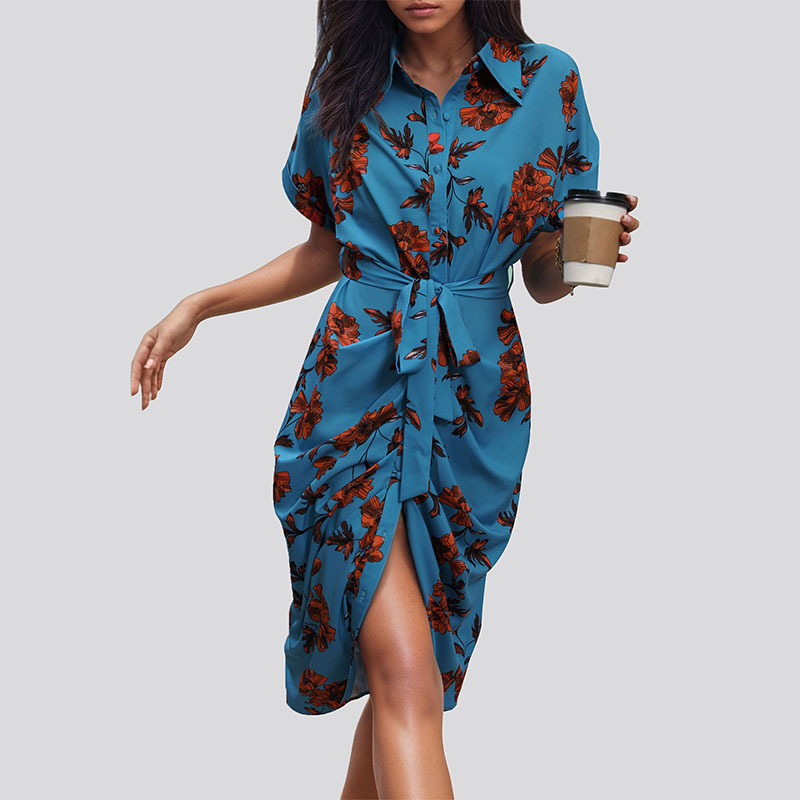 Women's Shirt Dress Vacation Lace-up Type Turndown Printing Short Sleeve Printing Midi Dress Holiday Daily display picture 4