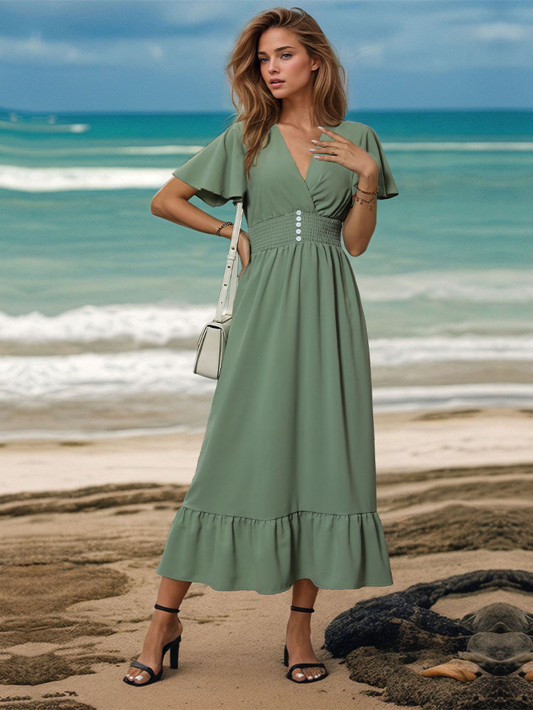 امرأة فستان عادي أسلوب بسيط رقبة على شكل V كم قصير اللون الصامد فستان ميدي اليومي display picture 1