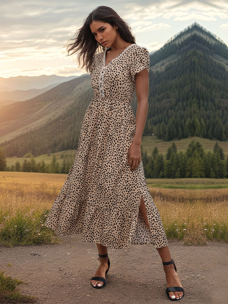 Frau Normales Kleid Elegant V-Ausschnitt Drucken Spitze Kurzarm Leopard Midi-Kleid Täglich Strand display picture 4