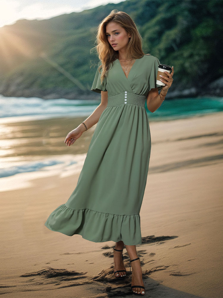 Frau Normales Kleid Einfacher Stil V-Ausschnitt Kurzarm Einfarbig Midi-Kleid Täglich display picture 2