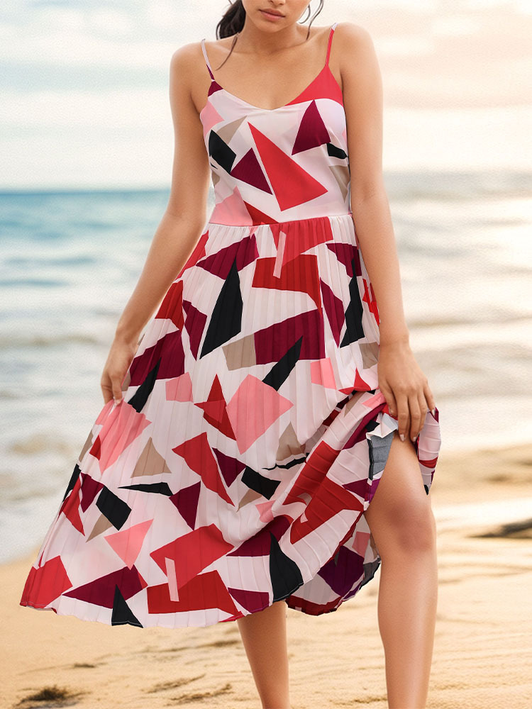 Women's Strap Dress Vacation V Neck Printing Contrast Binding Sleeveless Geometric Midi Dress Daily Beach display picture 1