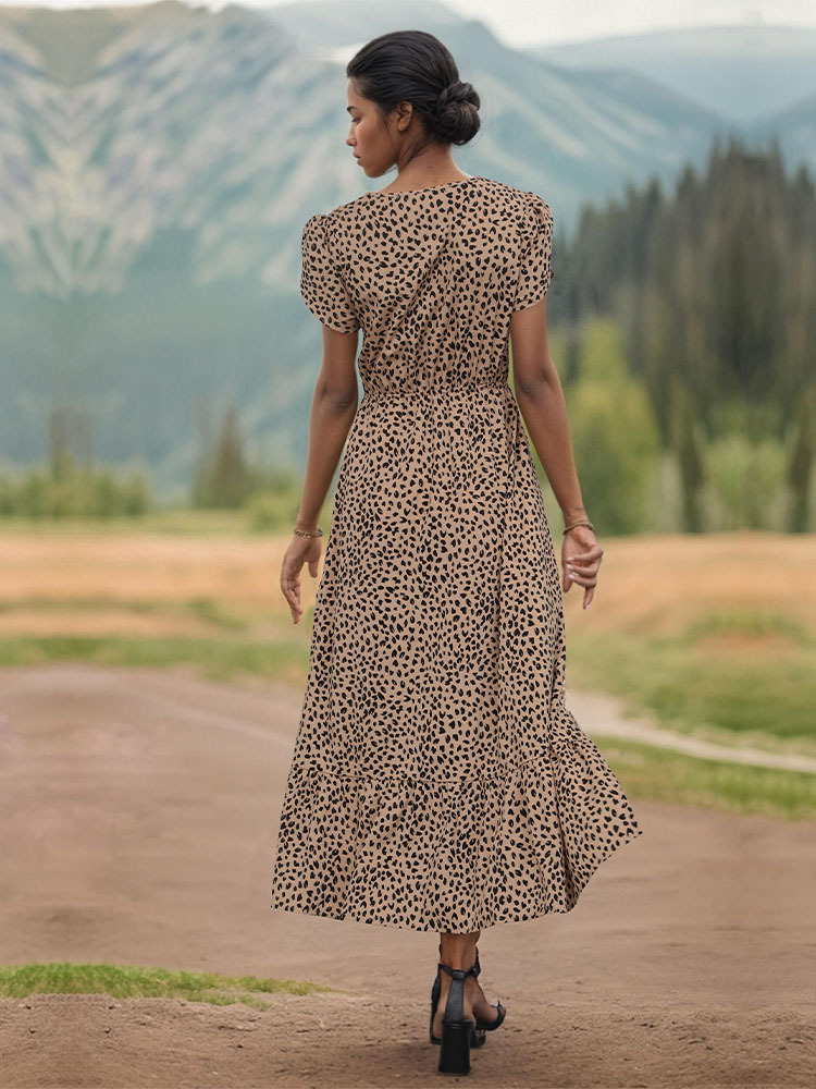 Women's Regular Dress Elegant V Neck Printing Lace Short Sleeve Leopard Midi Dress Daily Beach display picture 5