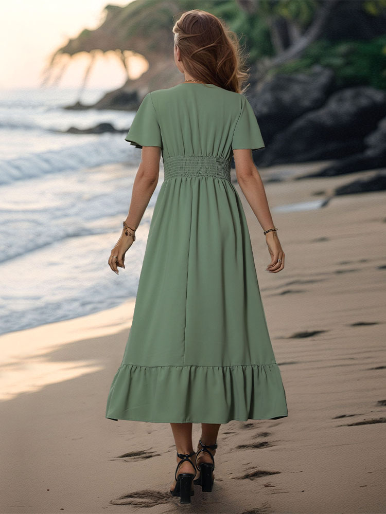 امرأة فستان عادي أسلوب بسيط رقبة على شكل V كم قصير اللون الصامد فستان ميدي اليومي display picture 3