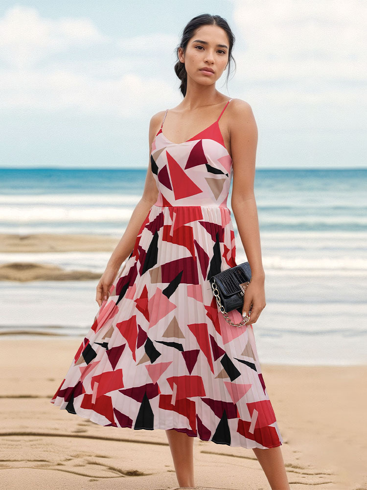 Women's Strap Dress Vacation V Neck Printing Contrast Binding Sleeveless Geometric Midi Dress Daily Beach display picture 2