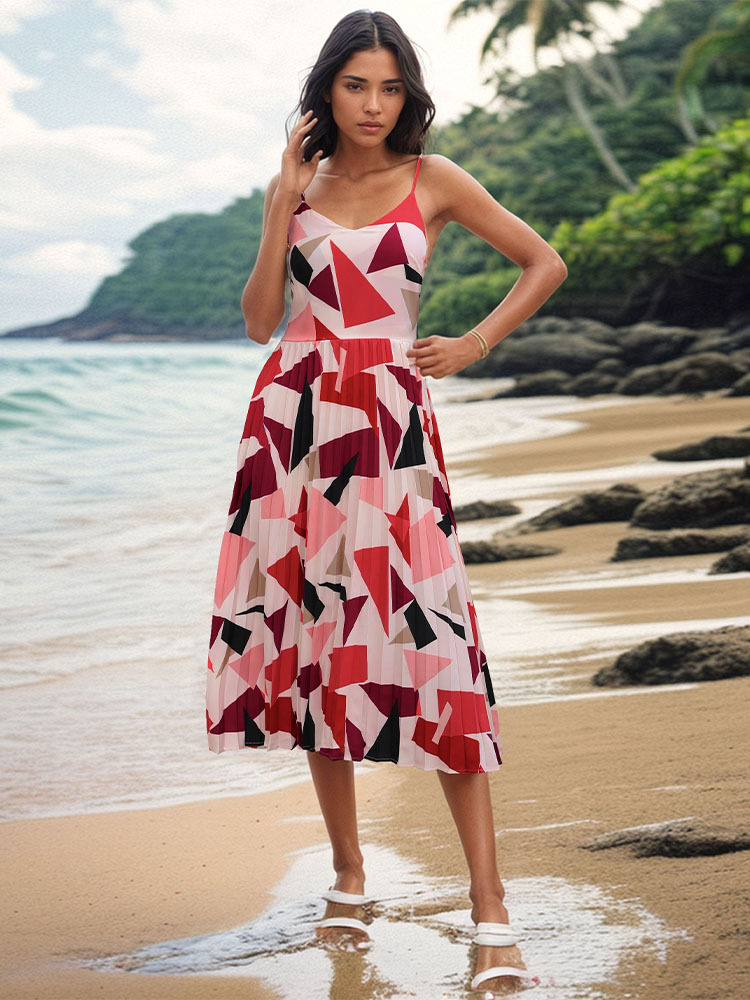 Women's Strap Dress Vacation V Neck Printing Contrast Binding Sleeveless Geometric Midi Dress Daily Beach display picture 3