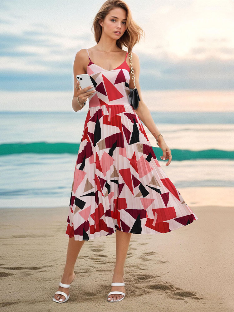 Women's Strap Dress Vacation V Neck Printing Contrast Binding Sleeveless Geometric Midi Dress Daily Beach display picture 4