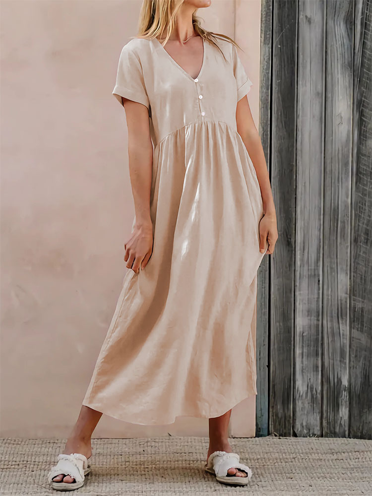Frau Normales Kleid Einfacher Stil V-Ausschnitt Taste Kurzarm Einfarbig Midi-Kleid Ferien Strand display picture 5