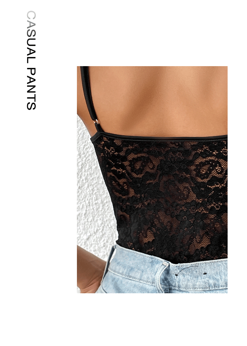 Women's Bodysuits Sleeveless Bodysuits Rib-Knit Lace Sexy Solid Color display picture 1