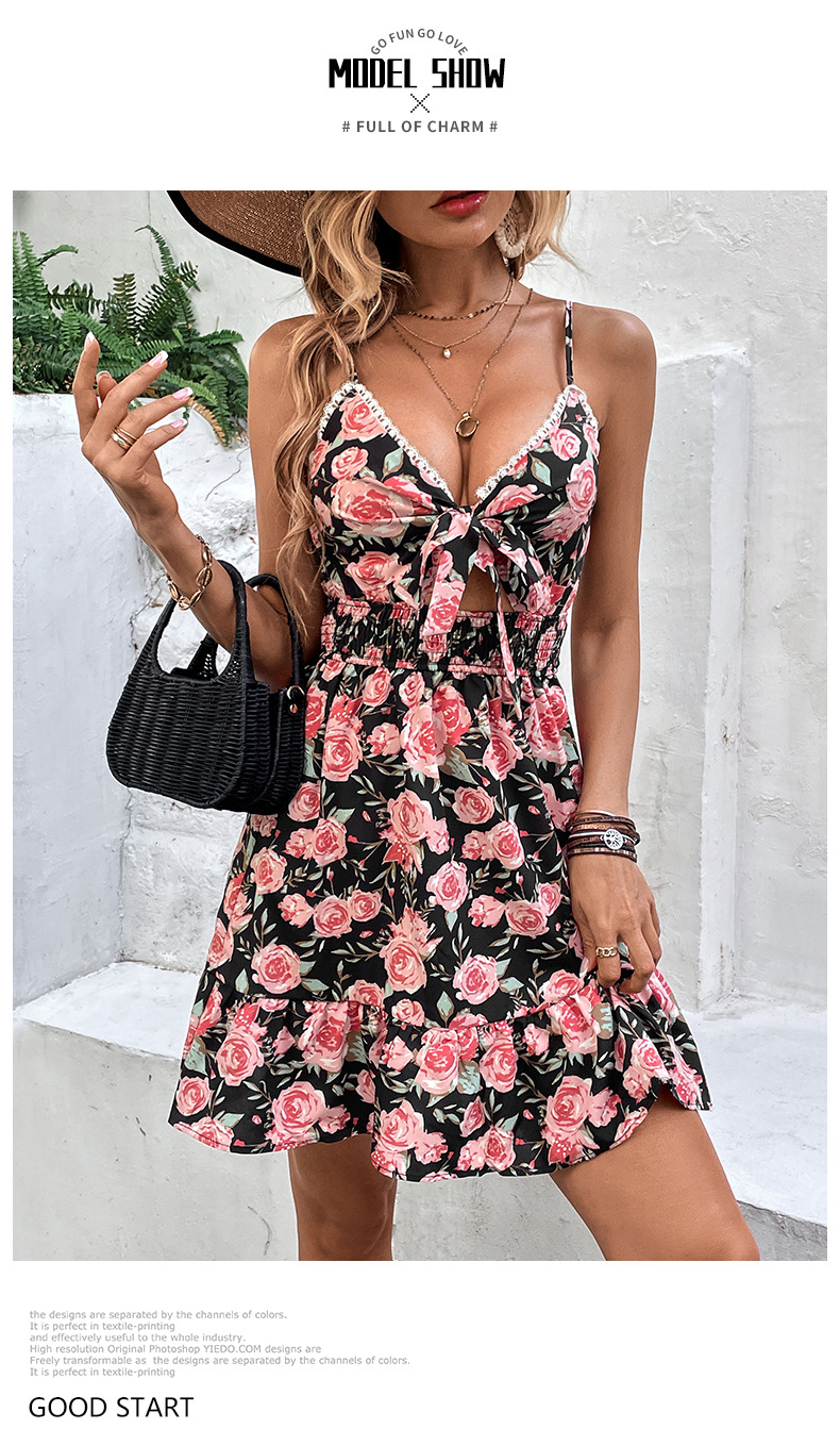 Women's Strap Dress Sexy V Neck Printing Sleeveless Flower Bow Knot Knee-Length Holiday Daily Date display picture 7