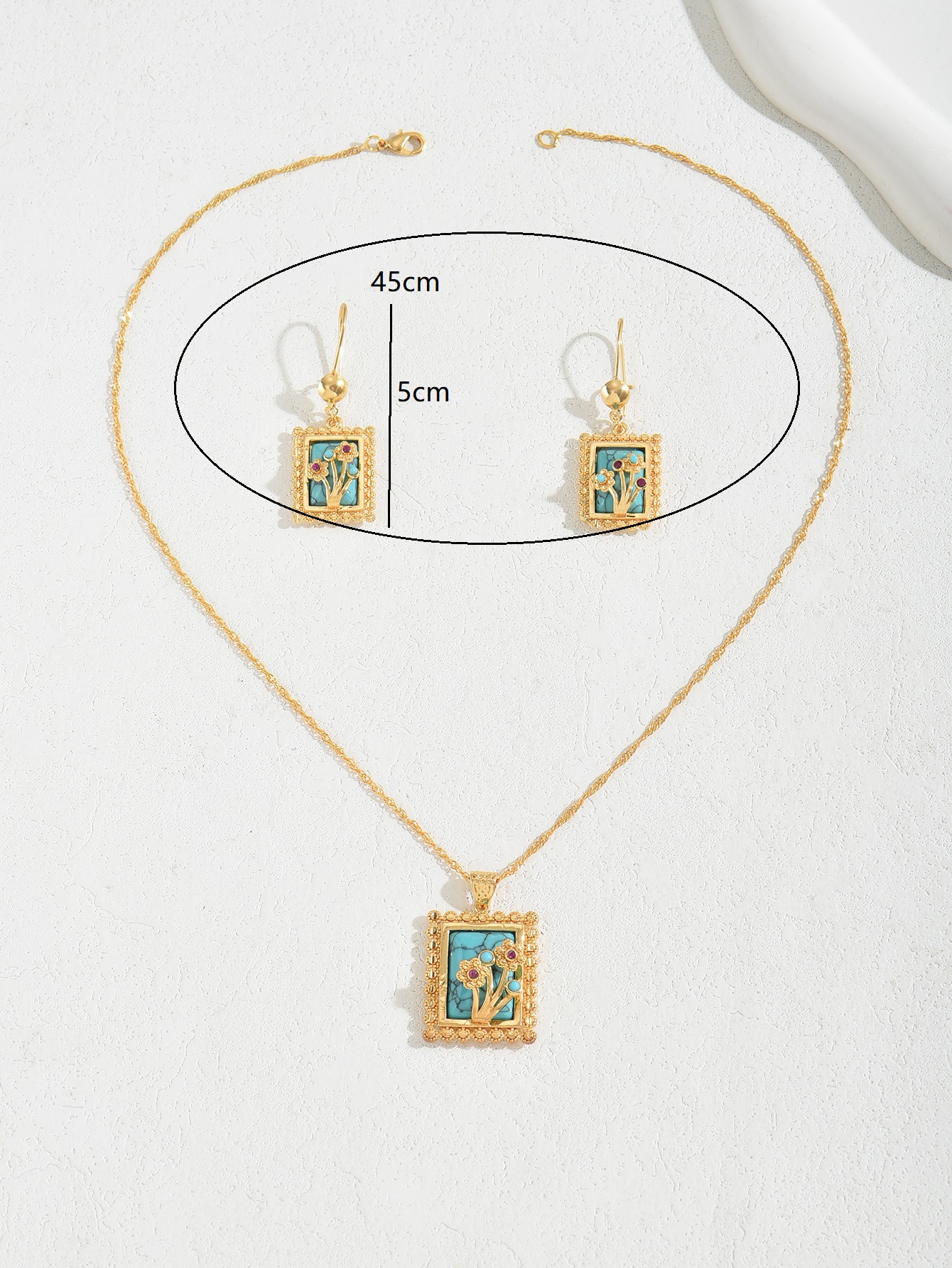 Copper 18K Gold Plated Elegant Vintage Style Lady Inlay Water Droplets Rose Turquoise Rhinestones Earrings Necklace display picture 6